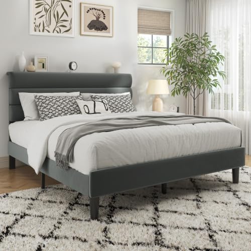Fluest Full Bed Frame, Platform Bed Frame with Velvet Upholstered Headboard, No Box Spring Needed, Sturdy Metal Support, Noise Free, Easy Assembly, Modern Bedroom Furniture, Grey