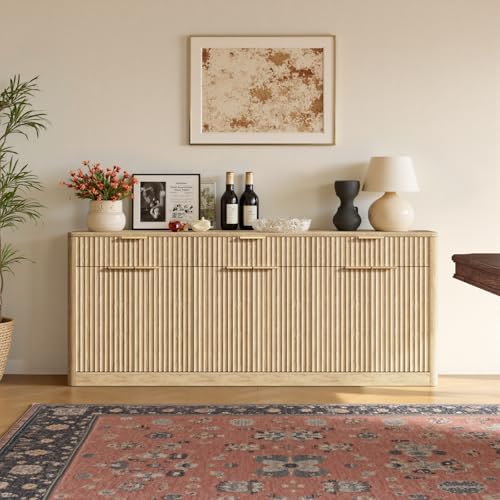 Evermagin 67" Fluted Oak Sideboard Buffet Cabinet with 3 Drawers
