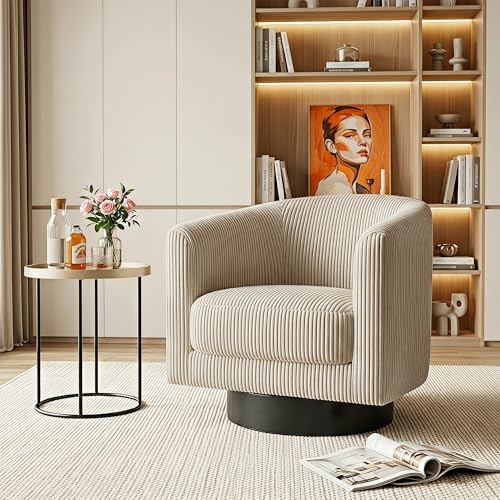 Swivel Accent Chairs Set of 2, 360° Bucket Chair, Modern Upholstered Barrel Armchair, Comfy Corduroy Single Sofa for Living Room Bedroom, Camel