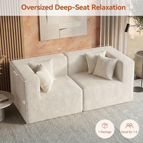 MONVANE 75" Loveseat Sofa, Comfy Chenille Modular Sectional Sofa with 4 Pillows, Modern Deep Seat Boneless Couch, 2 Seater Sofa for Living Room, Bedroom and Apartment, Beige