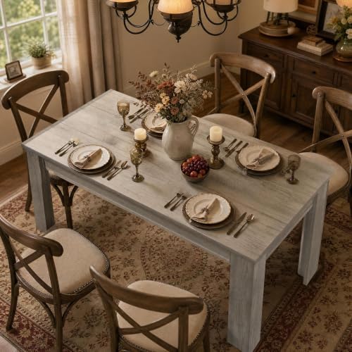 Garvee Wood Farmhouse Dining Table for 4-6, Heavy Duty Large Kitchen Table, 63 Inches Long Rectangular Dining Room Tables with Strong Legs, Thickness Tabletop, for Big Family, Dinette, Rustic Gray