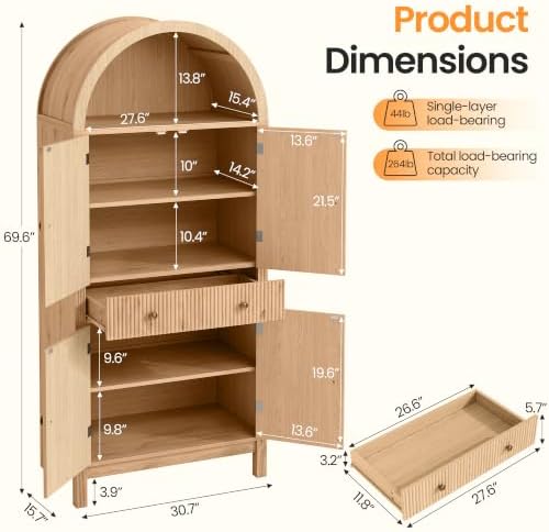 Apicizon 70" Tall Arched Kitchen Pantry Cabinet, 6-Tier Modern Fluted Wood Storage Cabinet with Doors Drawer & Adjustable Shelves, Farmhouse Cupboard Organizer for Dining Room, Bathroom, Natural