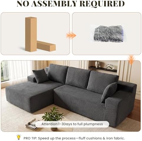 GRUSIGN Cloud Sectional Boneless Couches for Living Room, Modular L Shaped Couch with Deep Seat Oversized Left Facing Chaise, Memory Foam Compressed Spineless 3 Seater Sofa for Apartment, Grey