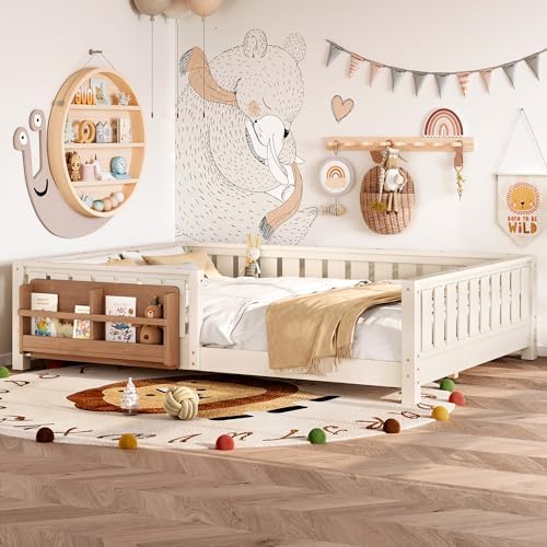 Queen Size Montessori Floor Bed with Bookshelf, Guardrail and Slats, Beige