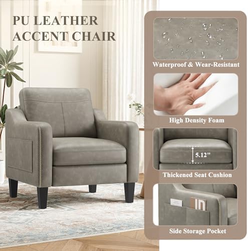 MALOL PU Leather Accent Chair, Mid-Century Modern Living Room Armchair Sofa with Removable Cushions, Solid Wood Frame & Stitched Armrest Design, Bedroom Chair with Plastic Legs, Grey