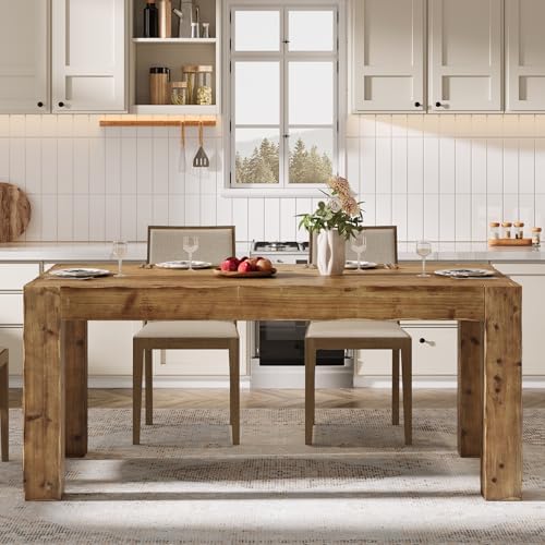Solid Wood Dining Table for 6, 63-Inch Farmhouse Kitchen Table with Heavy Duty Legs, Rectangular Wood Dinner Table for Dining Room, Living Room, Natural Brown (Only Table)