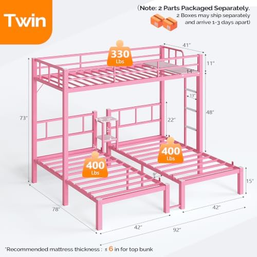 Bonnlo Metal Triple Bunk Bed Twin Over Twin Over Twin,3 Bunk Beds with Shelves for Kids,Teens and Adults, Detachable 3 Person Bed, No Box Spring Needed,Pink