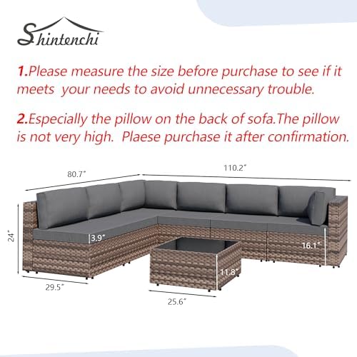 Shintenchi 7 Piece Outdoor Patio Furniture Set with Brown PE Rattan, Gray