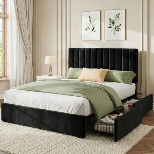 Welzona Full Size Upholstered Bed Frame with Headboard & 4 Drawers, Black