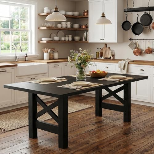 Garvee Wood Farmhouse Dining Table for 6-8, Heavy Duty Large Kitchen Table, 70.87" Long Rectangular Dining Room Tables with Strong Legs, Thickness Tabletop, for Big Family, Dinette, Rustic Black