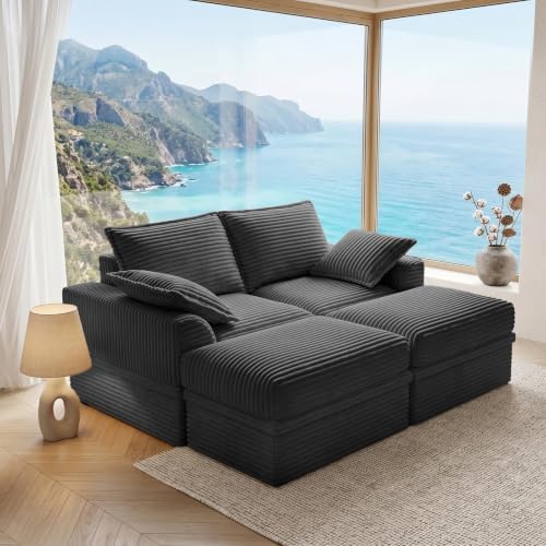 Boneless Sectional Couch with Storage, Upgraded Modular Sofa with Ottoman, Deep Seat Sleep Sofa for Living Room, 4 Seat Memory Foam Modern Corduroy Cloud Sofa with 2 Pillows,No Assembly(71"-Gray)