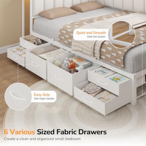 Twin Corner Bed Frame with 6 Storage Drawers, Charging Station & Led Lights
