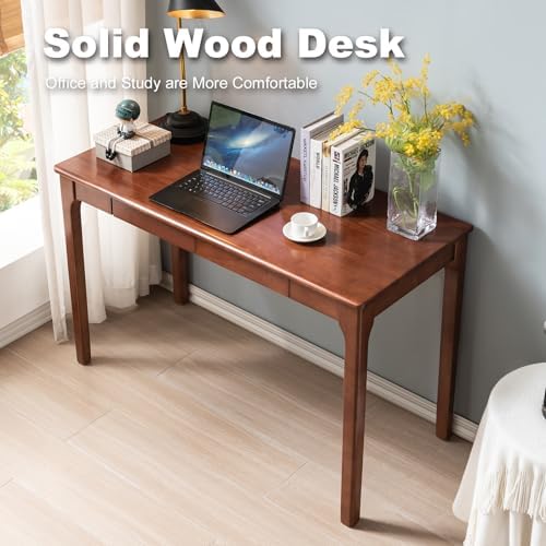 Solid Wood Desk with Drawers, Small Computer Desk for Small Spaces, Gaming Study Home Office Desks for Work, Student PC Desk for Bedroom, Escritorios para Cuartos (Cherry Color, 47inch)