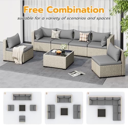 UDPATIO Outdoor Patio Furniture Set 7 Pcs Wicker Sectional Sofa Grey