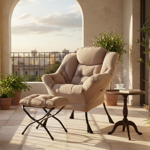 Tiita Lazy Chair with Ottoman, Comfy Reading Accent Chair, Velvet Khaki