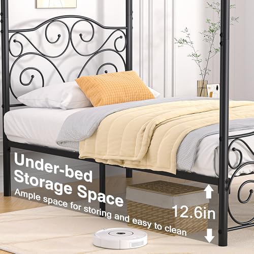 VECELO Metal Canopy Bed Frame Twin Size, 4 Posters Platform Mattress Foundation with Headboard, Heavy Duty Steel Slats Support, No Box Spring Needed, Black