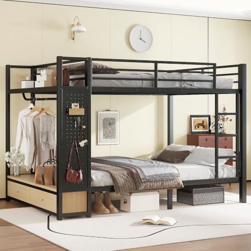 Bellemave Queen Over Queen Size Metal Bunk Bed with Storage Shelves and Drawers, Heavy Duty Bunk Beds with Clothes Hooks for Adults, Teens, Kids, Black