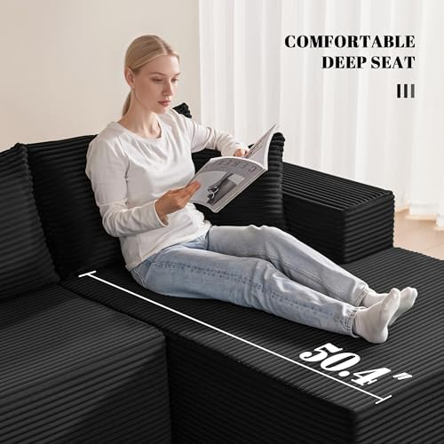 Mangodan 110” Cloud Sectional Couch, Boneless Sofa for Living Room, Modular Sectional Sofa with Deep Seat, Comfy Fluffy U-Shaped Couch with Right-Facing Chaise, No Assembly Required, Black