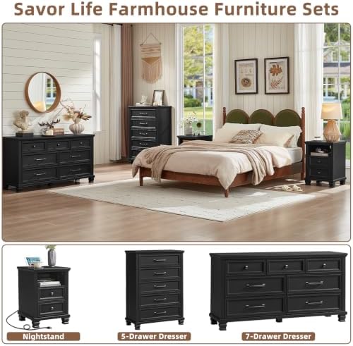 SAVOR LIFE Farmhouse Dresser and Nightstand Sets 4 Piece, Black