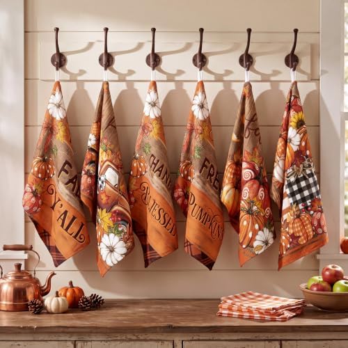 Redbaker 6 Pcs Fall Kitchen Towels, Dark Pumpkin Funny Dish Towel, Autumn Absorbent Farmhouse Decorative Fast Drying Tea Dishcloth with Hanging Loop for Kitchen Bathroom Home Housewarming Gift