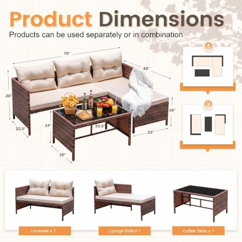 5 Piece Outdoor Sectional Patio Furniture Sets, All Weather Outdoor Wicker Rattan Patio Conversation Set, Patio Seating Sofas with Cushions, Lumbar Pillows and Tempered Glass Table