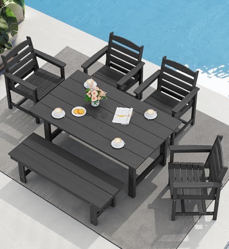 SERWALL Outdoor Dining Set, Patio Dining Set with Bench, Black