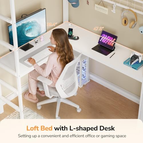 DICTAC Twin Loft Bed with Desk, Storage Bookshelf and 6 Drawers, White