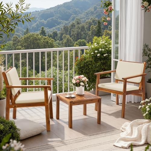 Flamaker 3 Pieces Porch Chairs Acacia Wood Balcony Furniture (Natural)