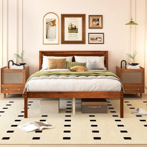 GIANTEX Full Size Wood Platform Bed with Headboard, Mid Century Solid Wood Full Bed with Slat Support, Double Bed Frame with 16" Under Bed Storage, No Box Spring Needed, Easy Assembly, Walnut