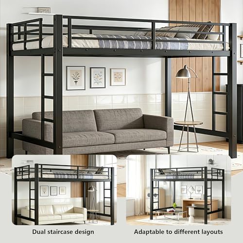 Bellemave Full Size Metal Loft Bed Frame with 2 Ladders, High Guardrail & Sturdy Iron Construction, Space-Saving Adult Loft Bed for Dorms, Safe for Kids, Teens, No Box Spring Needed, Black
