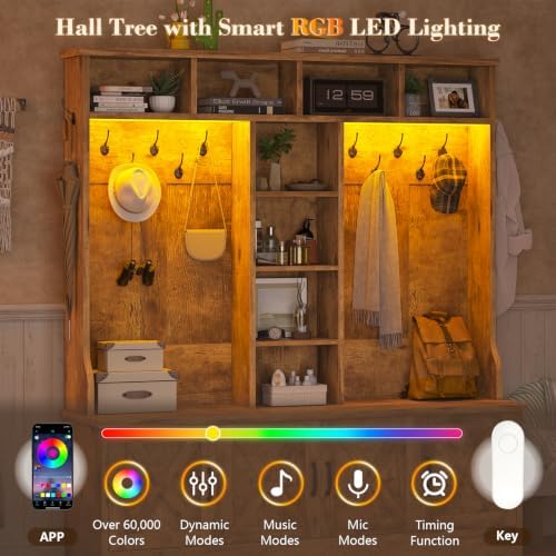 CSZZD Large Hall Tree with Bench and Shoe Storage, Coat Rack with LED Light