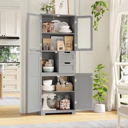 BOTLOG 67'' Tall Bathroom Storage Cabinet with Adjustable Shelf | Frosted Glass Doors, Wood Drawers, Kitchen Pantry Line Cabinet for Kitchen Bathroom, Living Room, Grey