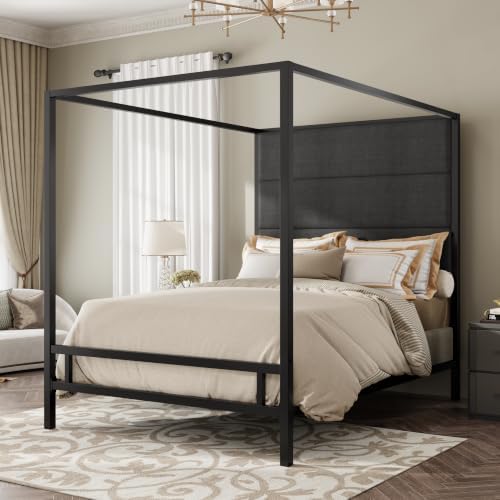 LUMISOL Queen Size Canopy Bed with Tall Headboard, Upholstered 4 Poster Bed Frame with Metal Posters, Black Canopy Platform Bed Frame, Box Spring Needed, Black + Dark Grey