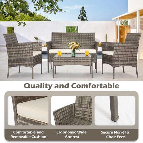 FDW 4-Piece Patio Furniture Set | Gray & Khakhi | Outdoor Wicker Furniture