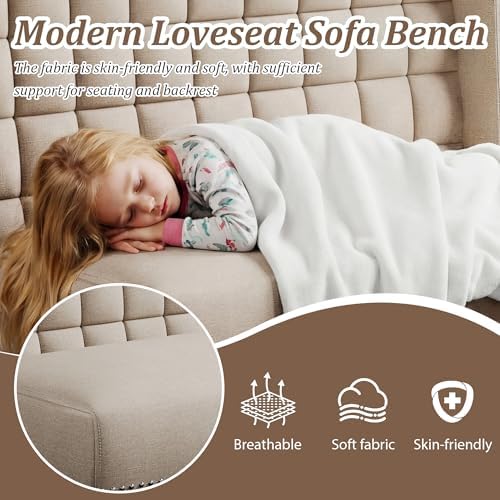 Andeworld Modern Loveseat Settee Bench Sofa Couch, Linen Fabric, Putty