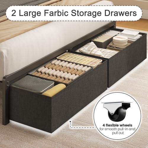 Fluest Twin Bed Frame with Storage Drawers, Upholstered Headboard with Charging Station, LED Lights, Fabric Drawers with Wheels, Under Bed Storage, No Box Spring Needed, Easy Assembly, Grey