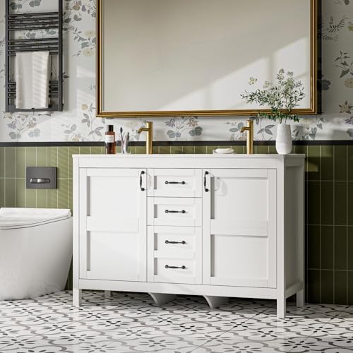 48" Bathroom Vanity with Sink Combo, Freestanding Farmhouse Thickened Wood Bathroom Storage Cabinet with Undermount Double Sink, 3 Drawers & 2 Soft-Close Doors with Organizers, White