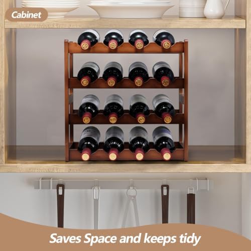 Bamboo Wine Rack,4 Tier, Wine Bottle Holder, Hold 16 Bottles for Home Kitchen, Dinging Room, Pantry, Cabinet, Bar