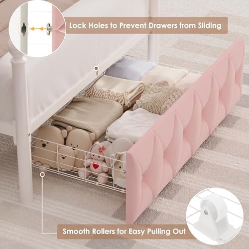 HIFIT Twin Size LED Canopy Bed Frame with Storage & Charging Station, Pink