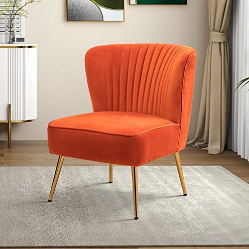 HULALA HOME Velvet Accent Chair, Modern Upholstered Cute Side Chair with Gold Metal Legs, Armless Wingback Slipper Chair Comfy Living Room Chair for Bedroom Guest Room Vanity,Orange