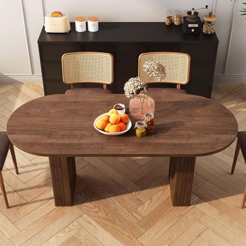 70.8 Inch Oval Dining Table for 4-6 People, Kitchen Table with Wood Strip Base, Modern Farmhouse Round Dining Room Tables for Kitchen Living Room (Walnut)