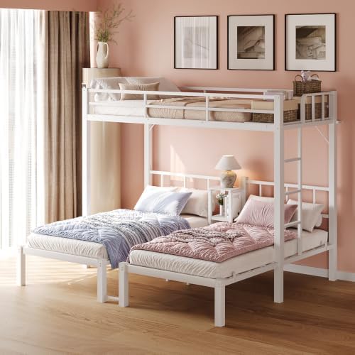 Bonnlo Metal Triple Bunk Bed Twin Over Twin Over Twin,3 Bunk Beds with Shelves for Kids,Teens and Adults, Detachable 3 Person Bed, No Box Spring Needed,White