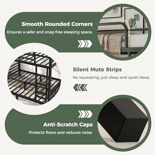 Full Over Full Bunk Beds, Heavy Duty Metal Full Size Bunk Bed for Teens and Adults, Noise-Free Design Bunkbeds with Ladder, Guardrail for Bedroom, Dorms and Apartment, No Box Spring Required, Black