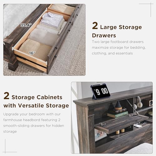 King Size Bed Frame with 54" Tall Headboard with 4 Storage Rack, 2 Drawers