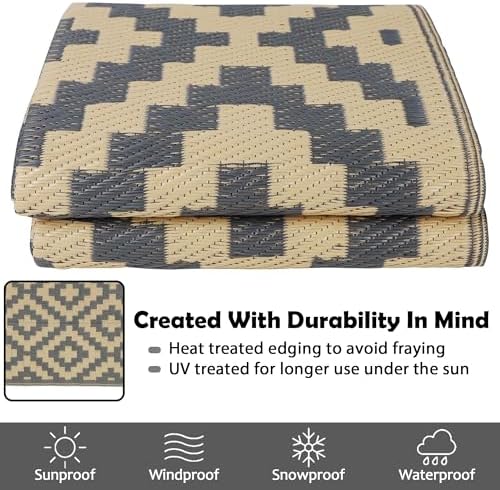SAND MINE Reversible Mats, Plastic Straw Rug, Modern Area Rug, Large Floor Mat and Rug for Outdoors, RV, Patio, Backyard, Deck, Picnic, Beach, Trailer, Camping, Grey & Tan, 5' x 8'