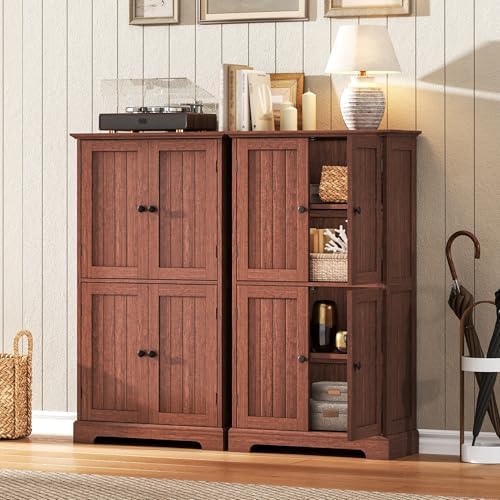 ChooChoo Bathroom Floor Cabinet with Adjustable Shelves | Bathroom Storage Cabinet, 4 Doors, Freestanding Cupboard for Living Room, Kitchen Pantry, Walnut