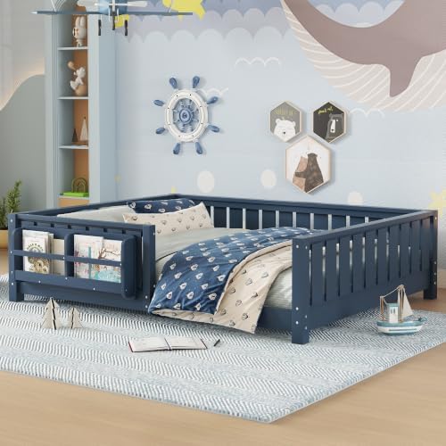 Bellemave Full Size Floor Bed with Slats and Guardrails, Full Size Montessori Floor Bed with Bookcase and Fence, Low Profile Montessori Beds for Kids, Blue Floor Beds Frame