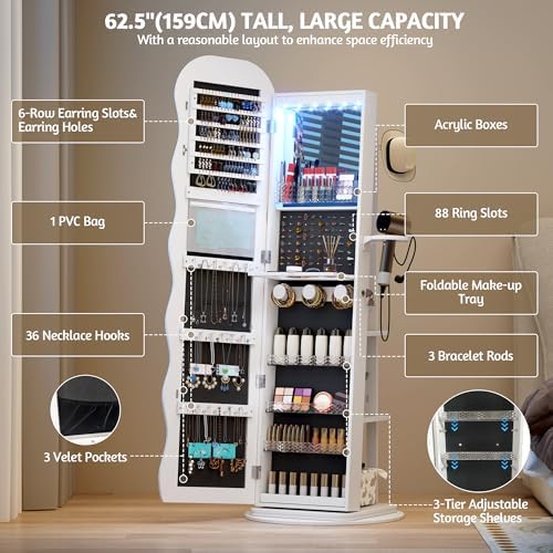 Vlsrka 360° Swivel Jewelry Armoire with Full Length Wave Mirror, White | Lockable Mirror Jewelry Cabinet Standing, Interior LED Makeup Mirror, Foldable Shelf, Large Capacity, Gift for Women, Girls
