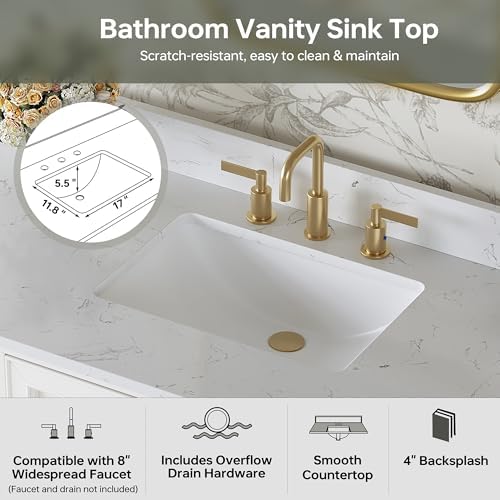 48 Inch Bathroom Vanity with Sink, Fully Assembled, White | Solid wood frame with Quartz Top and Backsplash, ceramic sink, spacious storage, adjustable feet and fully assembled design