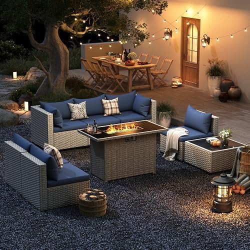 Outdoor Patio Furniture Set with Fire Pit 8 Pcs Wicker Sectional Sofa Blue